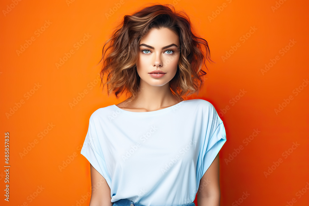 beautiful beautiful young woman with white shirt. blue orange, colorful background beautiful beautiful young woman with white shirt. blue orange, colorful background
