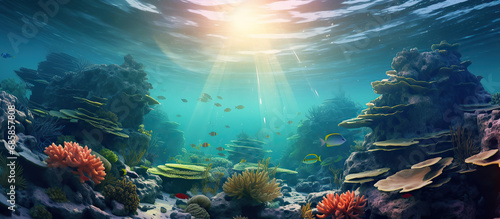 Amazing under ocean landscape with lots of fishes. Sunrays from above. © Koray