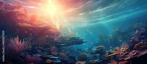 Amazing under ocean landscape with lots of fishes. Sunrays from above. photo