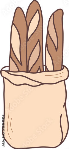 French baguettes in a paper bag. Bread vector illustration isolated. For bakery designs.
