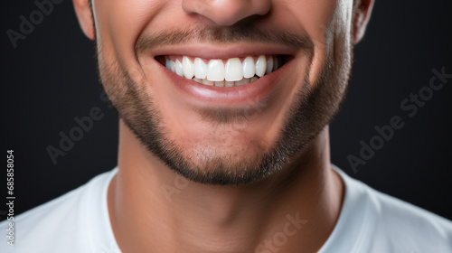 Smile, mouth and teeth whitening of man on studio background of wellness. Closeup male model face with clean dental, fresh breath and happy tooth implant, aesthetic beauty or healthy cosmetic results © Ekaterina