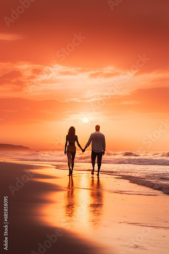 Couple waliking and holding hands dream like beach at sunset © Koray