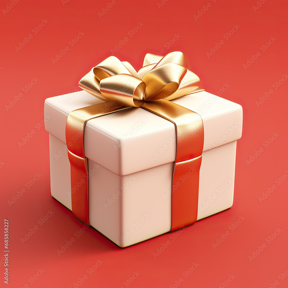 Obraz premium White gift box with red ribbon bow, orange background