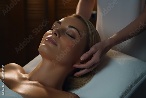 Top view close up of a beautiful woman relaxing at resort spa cente. therapist massaging her face. face therapy.