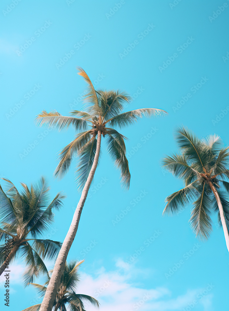 view of palm trees in the sky, blue sky. warm vibrant colors.