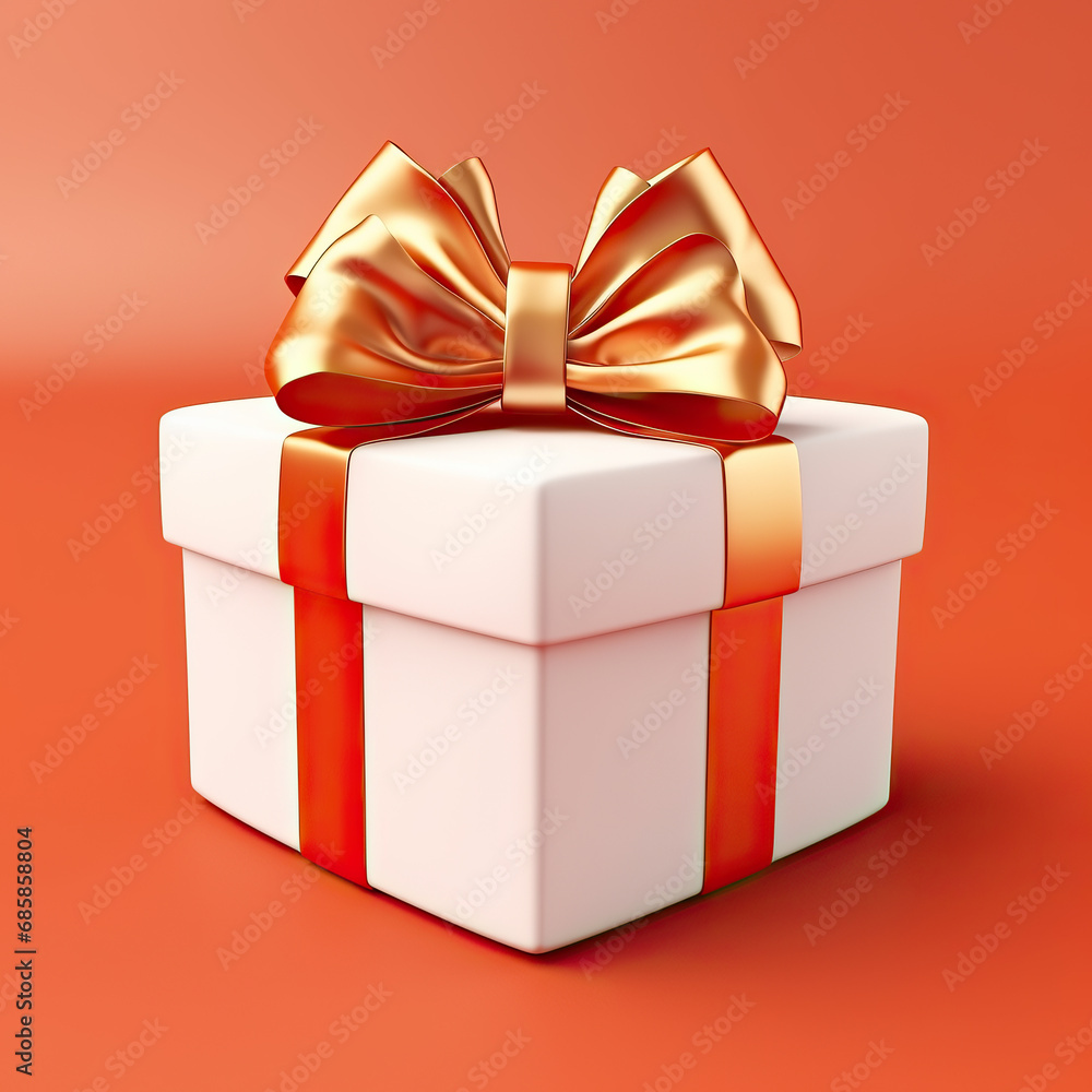 White gift box with red ribbon bow, orange background White gift box with red ribbon bow, orange background