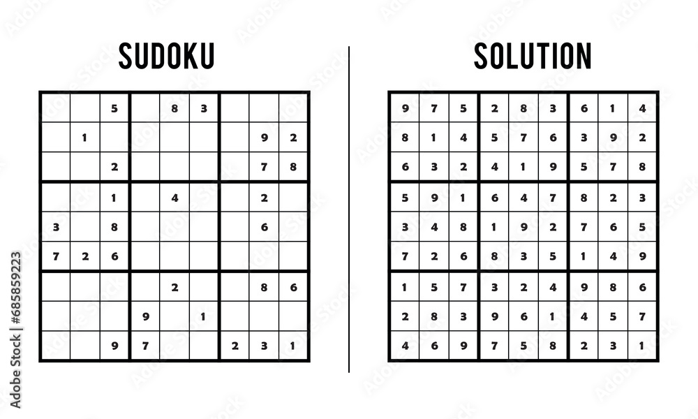 Sudoku Puzzles for Kids and Adults, Game With Solution, Magic Square. Logic puzzle game. Digital rebus Sudoku Puzzles for Kids and Adults, Game With Solution, Magic Square. Logic puzzle game. Digital rebus