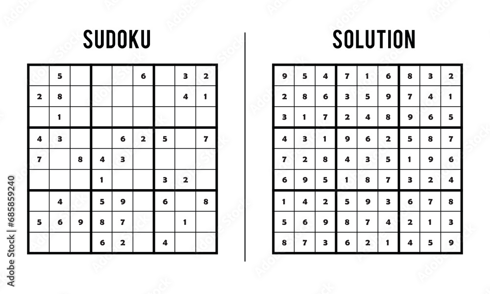 Sudoku Puzzles for Kids and Adults, Game With Solution, Magic Square. Logic puzzle game. Digital rebus Sudoku Puzzles for Kids and Adults, Game With Solution, Magic Square. Logic puzzle game. Digital rebus