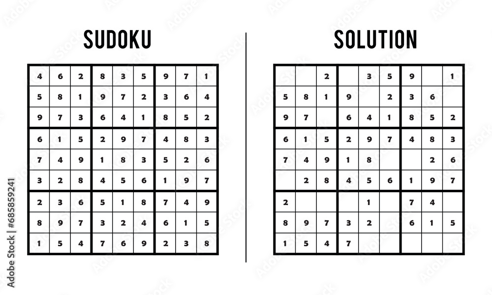 Sudoku Puzzles for Kids and Adults, Game With Solution, Magic Square. Logic puzzle game. Digital rebus Sudoku Puzzles for Kids and Adults, Game With Solution, Magic Square. Logic puzzle game. Digital rebus