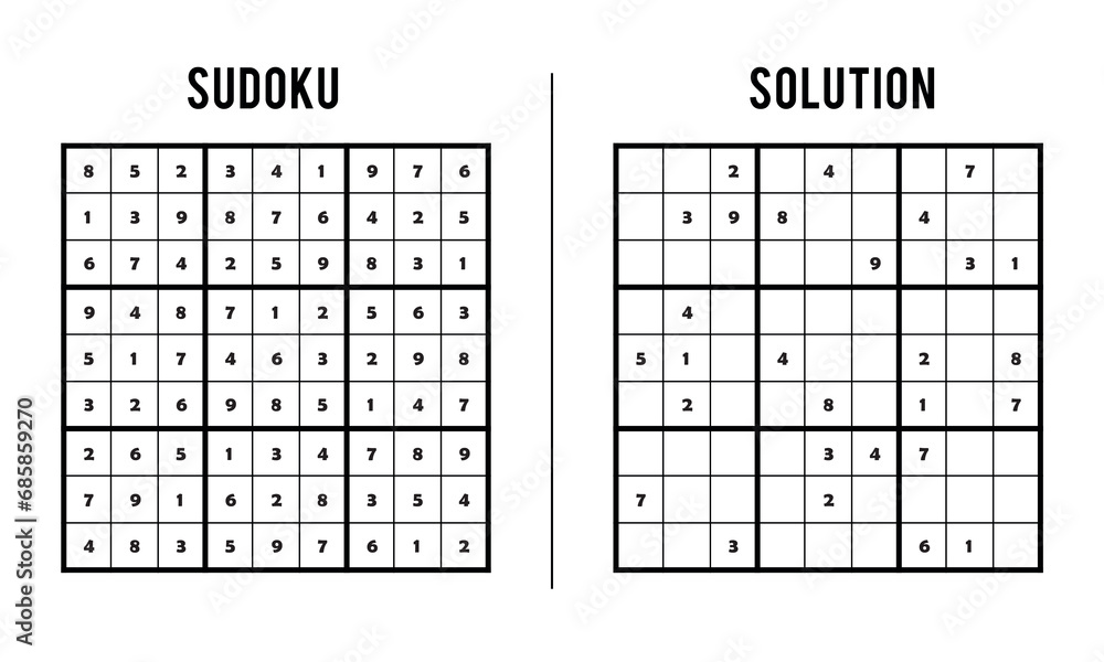 Sudoku Puzzles for Kids and Adults, Game With Solution, Magic Square. Logic puzzle game. Digital rebus Sudoku Puzzles for Kids and Adults, Game With Solution, Magic Square. Logic puzzle game. Digital rebus
