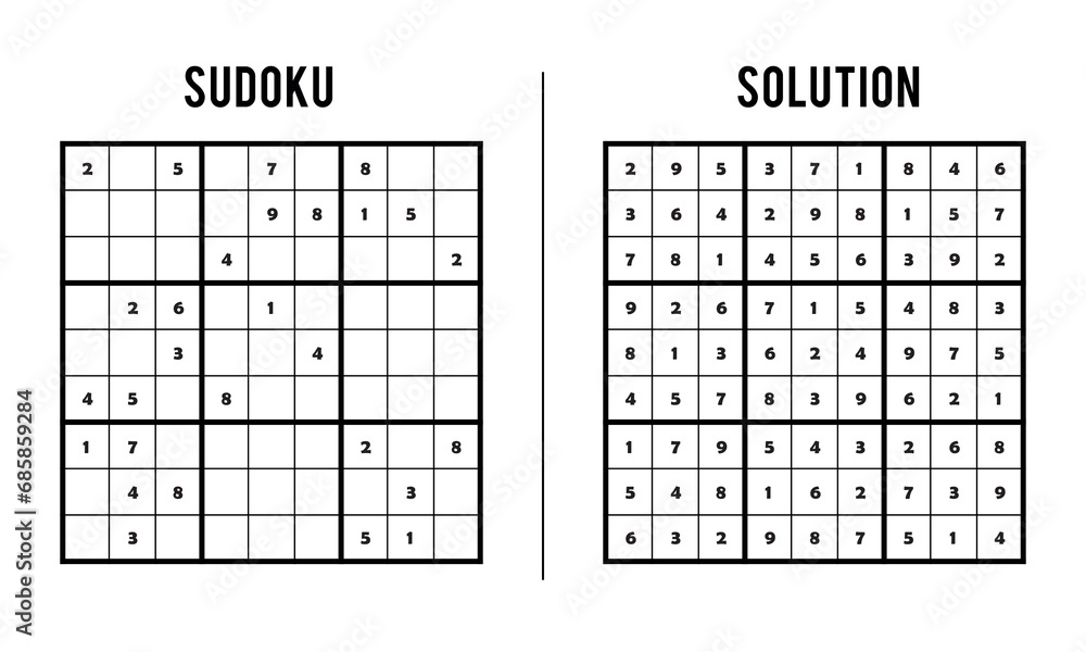 Sudoku Puzzles for Kids and Adults, Game With Solution, Magic Square. Logic puzzle game. Digital rebus Sudoku Puzzles for Kids and Adults, Game With Solution, Magic Square. Logic puzzle game. Digital rebus