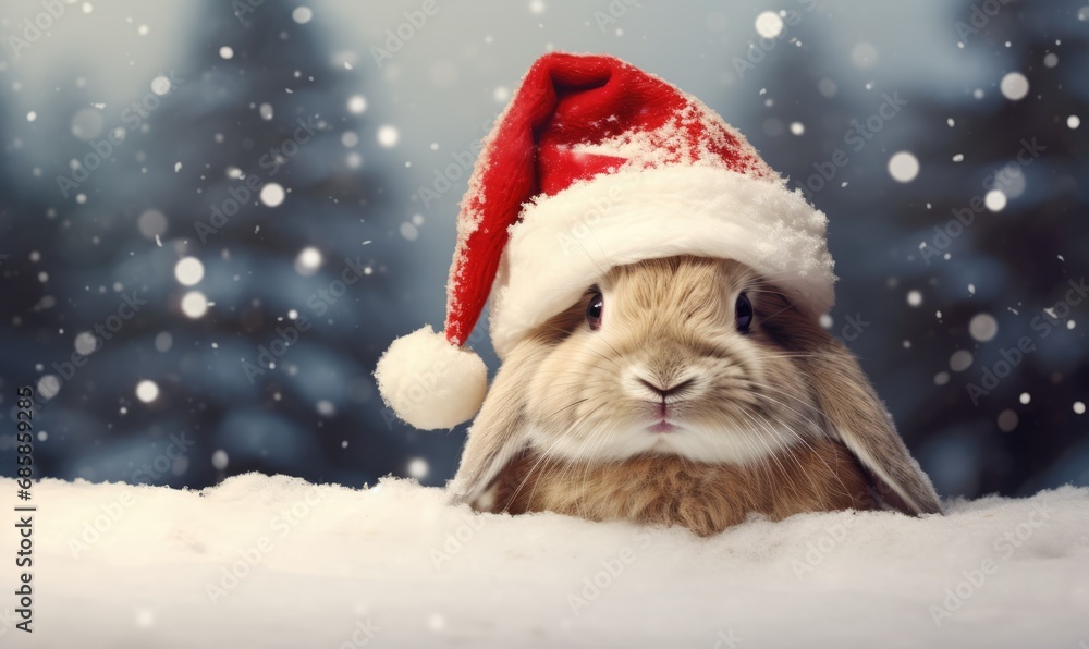 cute easter rabbit with samta claus hat with winter snow background cute easter rabbit with samta claus hat with winter snow background