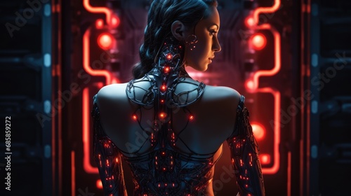 beautiful young female cyborg artificial intelligence with blurred background