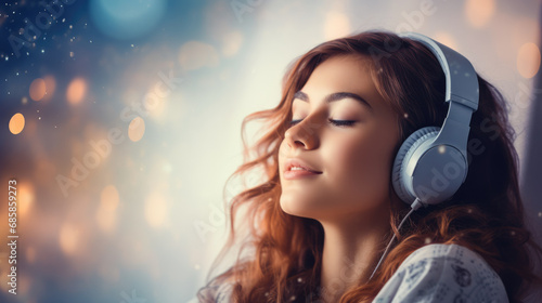 young beautiful woman listening to joyfull music with big headphones photo