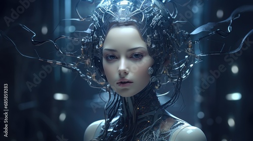 beautiful young female cyborg artificial intelligence with blurred background photo