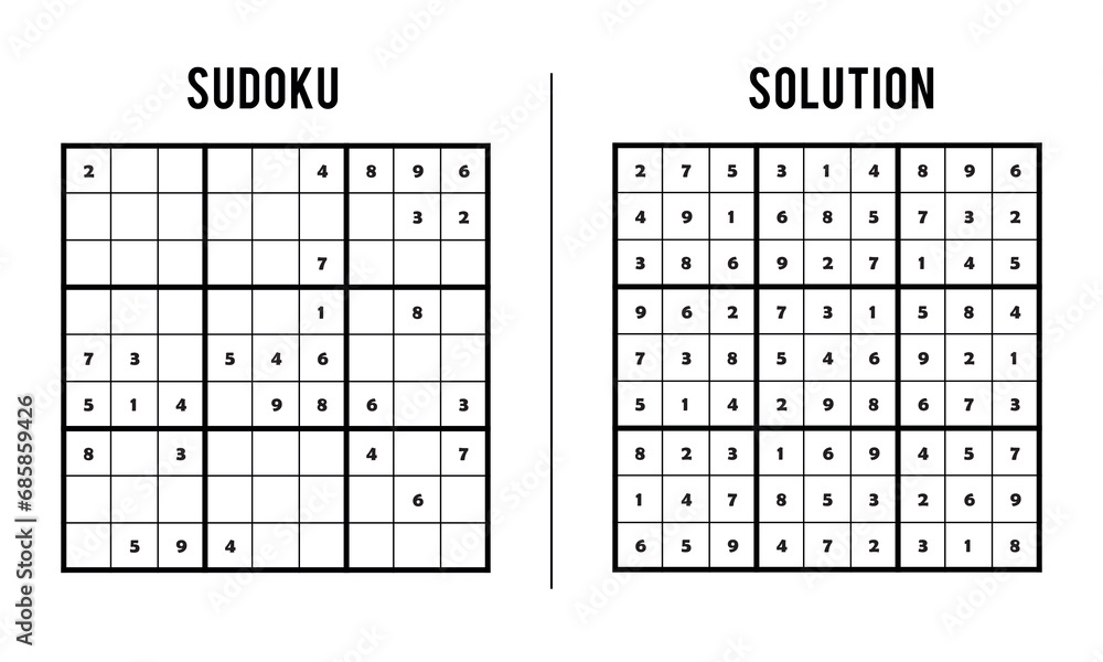 Sudoku Puzzles for Kids and Adults, Game With Solution, Magic Square. Logic puzzle game. Digital rebus Sudoku Puzzles for Kids and Adults, Game With Solution, Magic Square. Logic puzzle game. Digital rebus