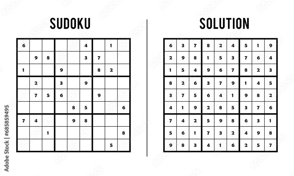Sudoku Puzzles for Kids and Adults, Game With Solution, Magic Square. Logic puzzle game. Digital rebus Sudoku Puzzles for Kids and Adults, Game With Solution, Magic Square. Logic puzzle game. Digital rebus