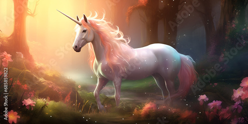 A Majestic Journey through the Enchanted Forest: Witness the Beauty of a Mythical Creature, the Unicorn, Roaming Amidst Flowers and Butterflies in a World of Fantasy photo