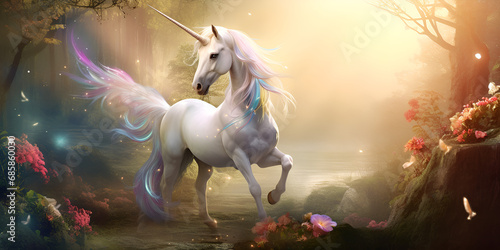 Journey into Fantasy  The Tale of a Majestic Unicorn  A Mythical Creature Cloaked in Pure White Splendor and Possessing a Singular Horn on Its Forehead