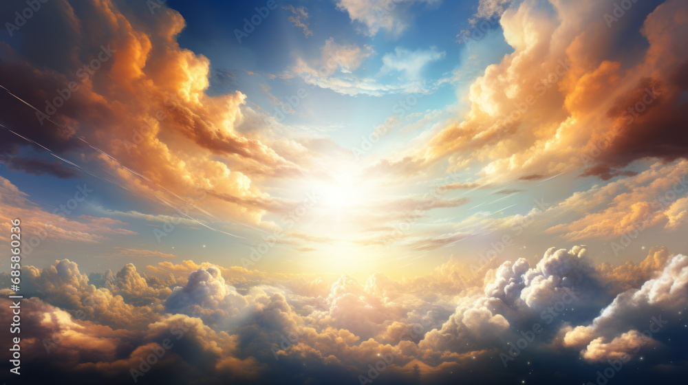 Fototapeta premium Sun shining from the skies with beautiful clouds