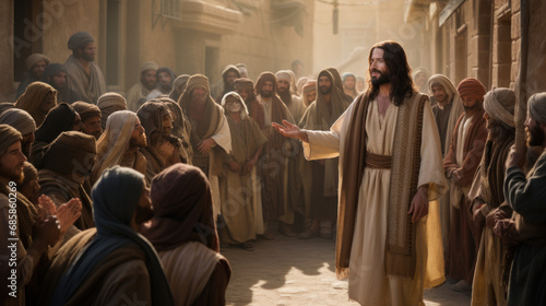 Jesus Christ preaching in the street photo