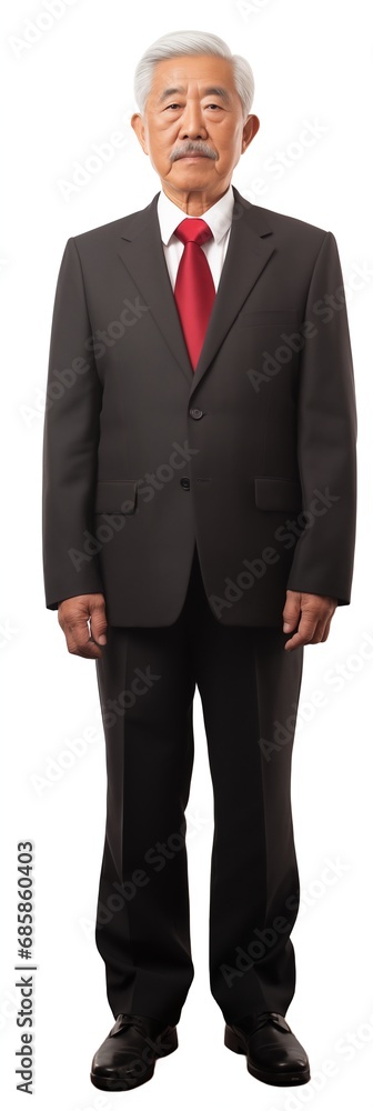 full body view of old senior asian male man with mustache wearing business suit . white background . generative ai