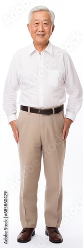 full body view of old senior asian male man dressed casually . white background . generative ai