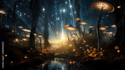 Ethereal forest of glowing magic mushrooms photo