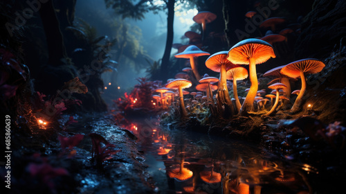 Ethereal forest of glowing magic mushrooms photo