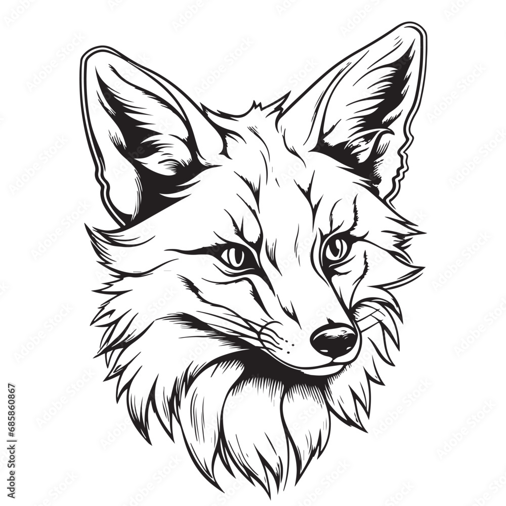 Obraz premium Fox. Graphic, sketch, black and white, hand-drawn portrait of a Fox head on a white background.