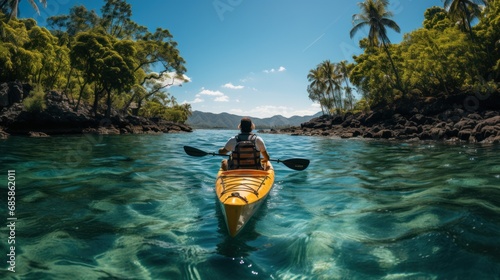 man paddling kayak on tropical island photo