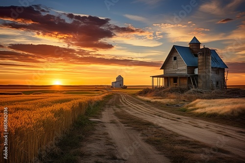 Farm with granary at golden hour sunset.