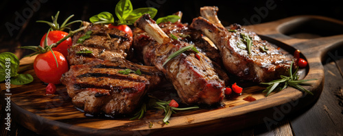 Roasted lamb chops or ribs on a wooden board