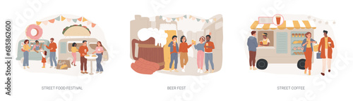 Urban culinary event isolated concept vector illustration set. Street food festival, beer fest, street coffee, food truck, hot drinks, craft brewing, neighbourhood entertainment vector concept.