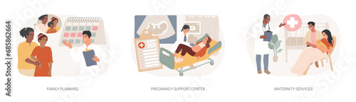 Pregnancy and birth support isolated concept vector illustration set. Family planning, pregnancy support center, maternity services, women healthcare, perinatal care, contraception vector concept.