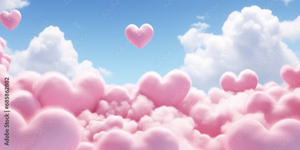 Pink cute hearts on fluffy clouds