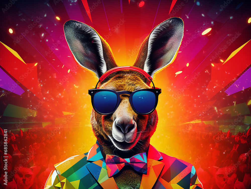 kanguru minimalista em festa de música eletrônica em fundo colorido vibrante - obrazy, fototapety, plakaty 