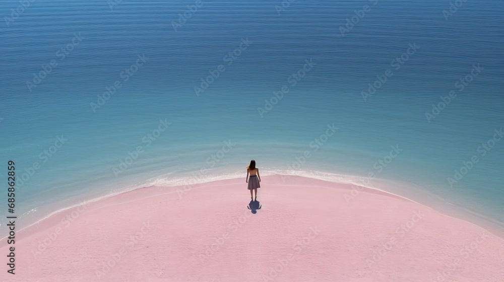 Fototapeta premium Gorgeous sunset beach view. Woman lying on pink swim ring in clear azure waters Lefkada, Greece