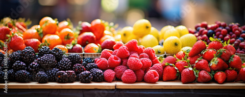 Market with fresh berries like strawberrie, blueberries, raspberies. Fruit on table. © Michal