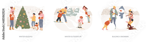 Winter entertainment isolated concept vector illustration set. Winter holidays, outdoor fun, building a snowman, Christmas eve, snowball fight, sledding, ski resort vacation vector concept.