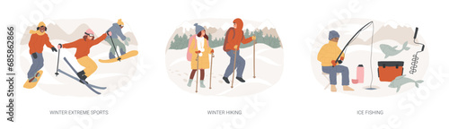 Mountain vacation isolated concept vector illustration set. Winter extreme sports, winter hiking, ice fishing, ski and snowboard equipment, travel and hobby, outdoor activity vector concept.