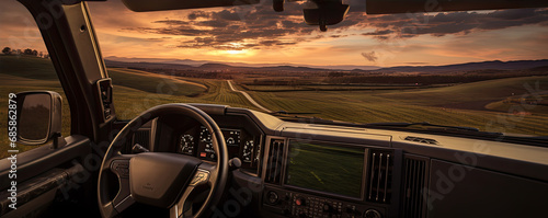 Beautiful view from driver luxury car seat. Evening sunset panorama from car window. © Michal