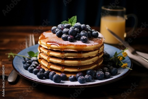 Leckere Pancakes mit Ahornsirup und Blaubeeren: Perfekte Food-Fotografie