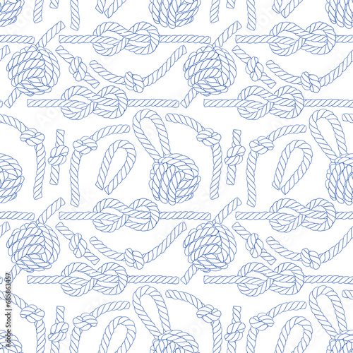 Seamless pattern of knotted ropes cords monkey fist knot. Cords eight knots. Nautical thread whipcord with loops and noose. braided, folded, spiral fiber. Illustration hand drawn graphic blue white