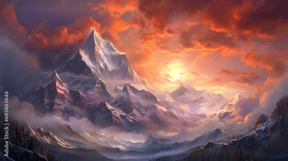 A snowy mountain pass at sunset, with the sky ablaze in fiery colors, creating a dramatic wintry landscape.