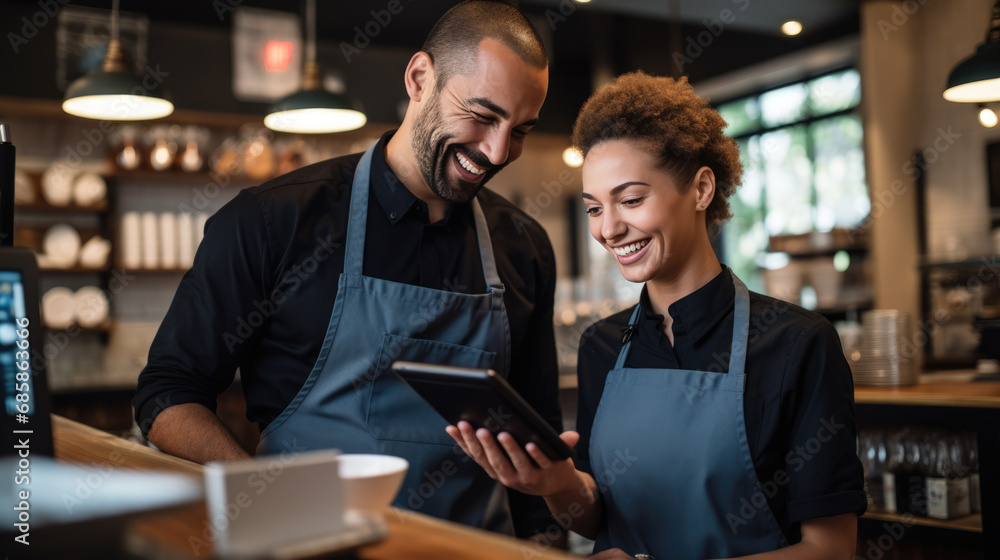 Cafe worker and manager smiling and engaging with each other while using a tablet