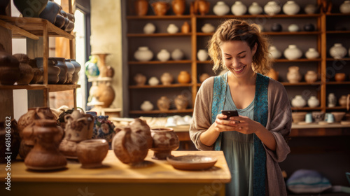 Smiling woman is browsing her smartphone in a ceramics shop, surrounded by shelves filled with various pottery items like bowls and vases.