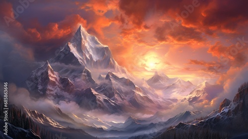 A snowy mountain pass at sunset, with the sky ablaze in fiery colors, creating a dramatic wintry landscape.