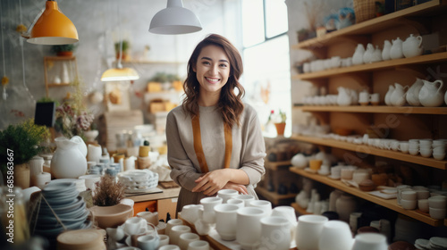 Happy woman standing in a pottery shop with shelves filled with various ceramic. photo