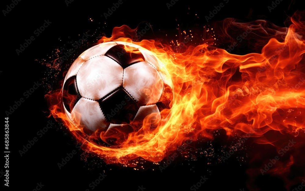 Fototapeta premium Soccer ball on a fire, black background